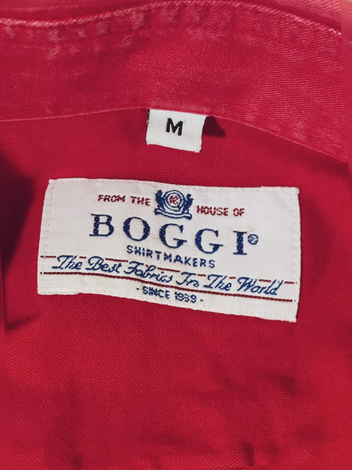 Boggi men's shirt burgundy button-down collar with textured buttons and chest pocket.