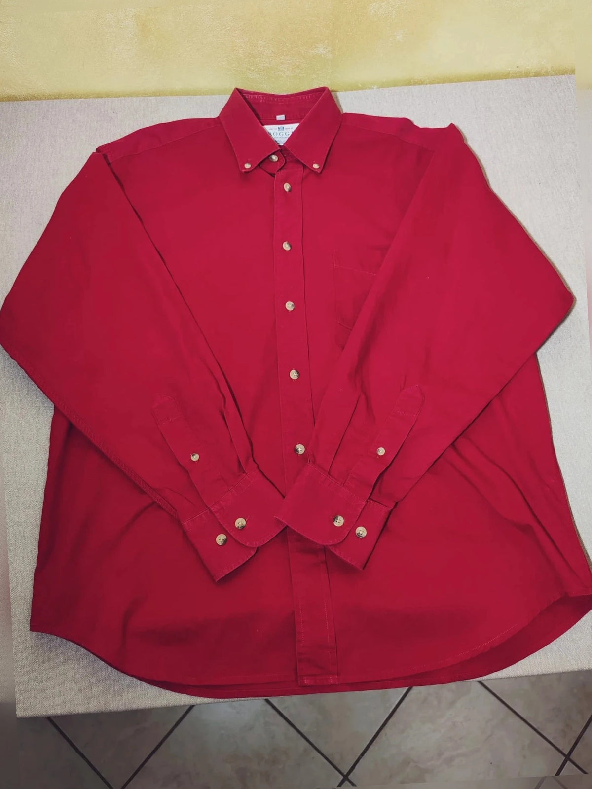 Boggi men's shirt burgundy button-down collar with textured buttons and chest pocket.