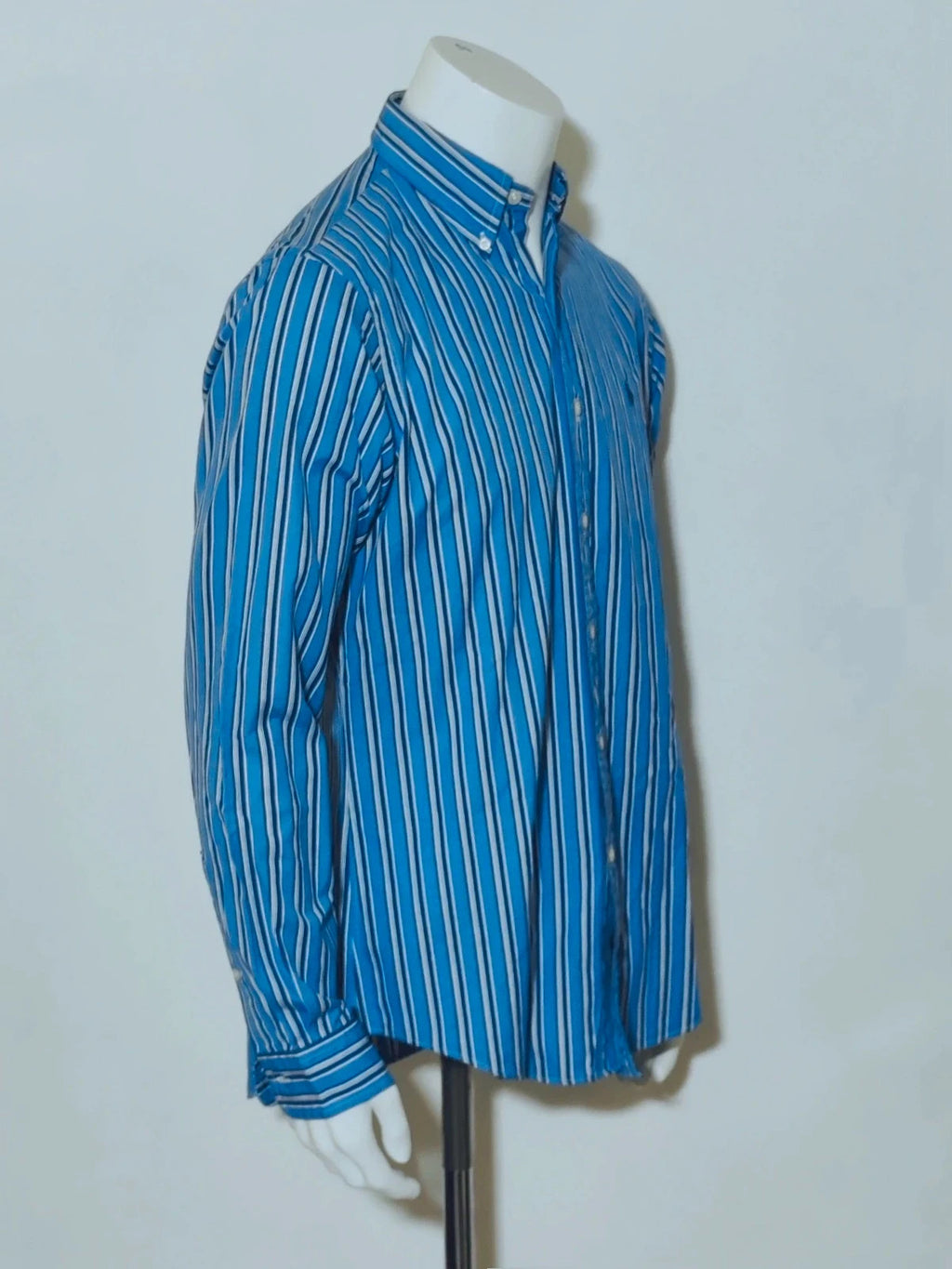Ralph Lauren navy striped shirt with embroidered pony logo, custom fit, 100% cotton.