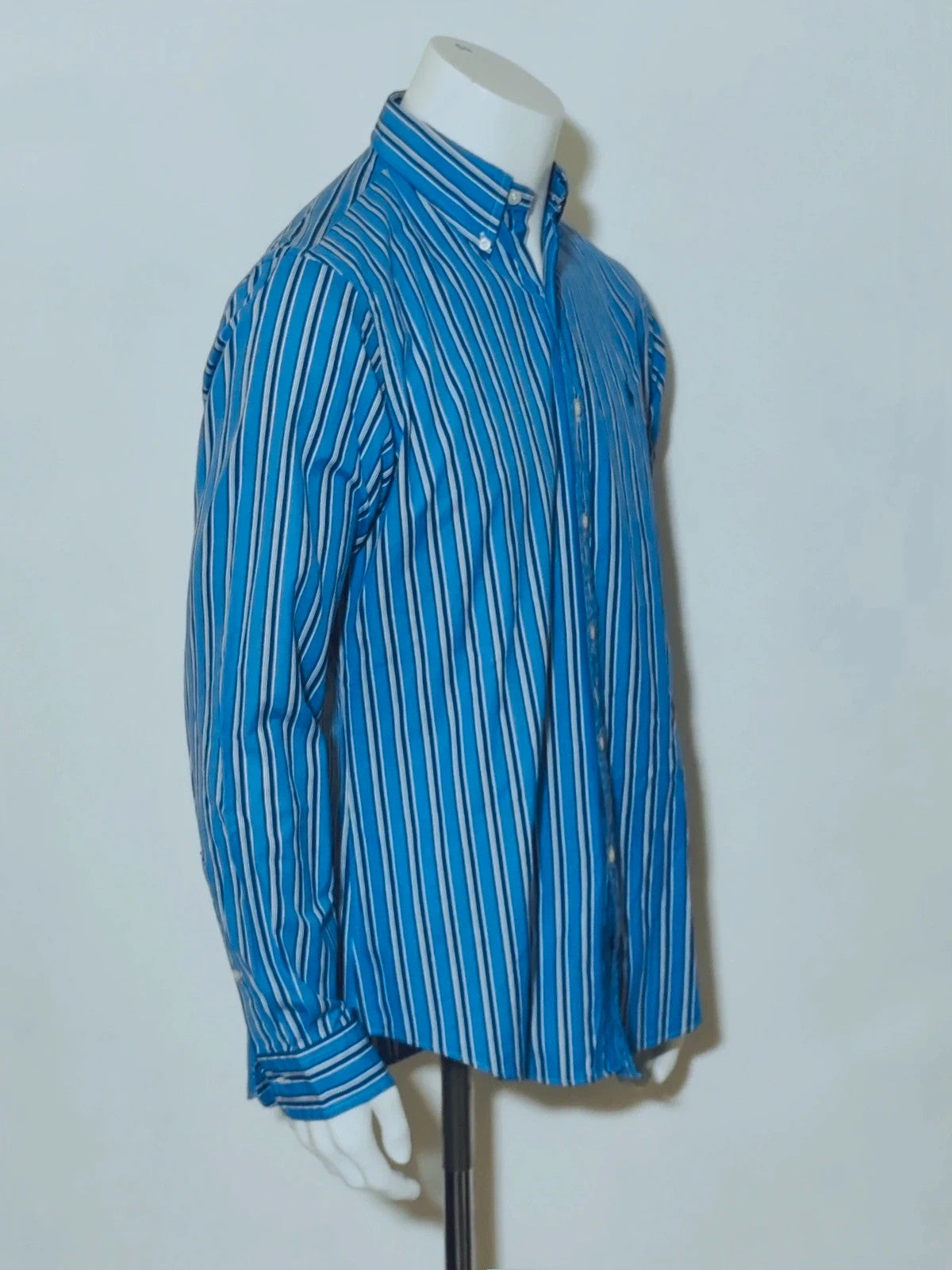 Ralph Lauren navy striped shirt with embroidered pony logo, custom fit, 100% cotton.