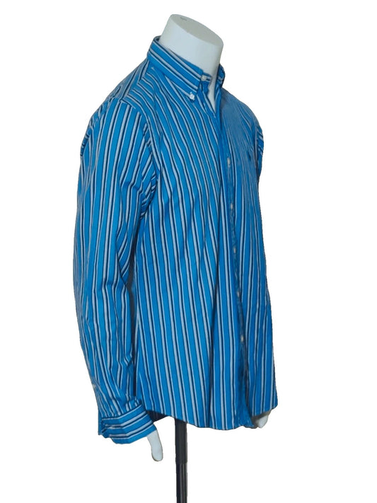 Ralph Lauren navy striped shirt with embroidered pony logo, custom fit, 100% cotton.