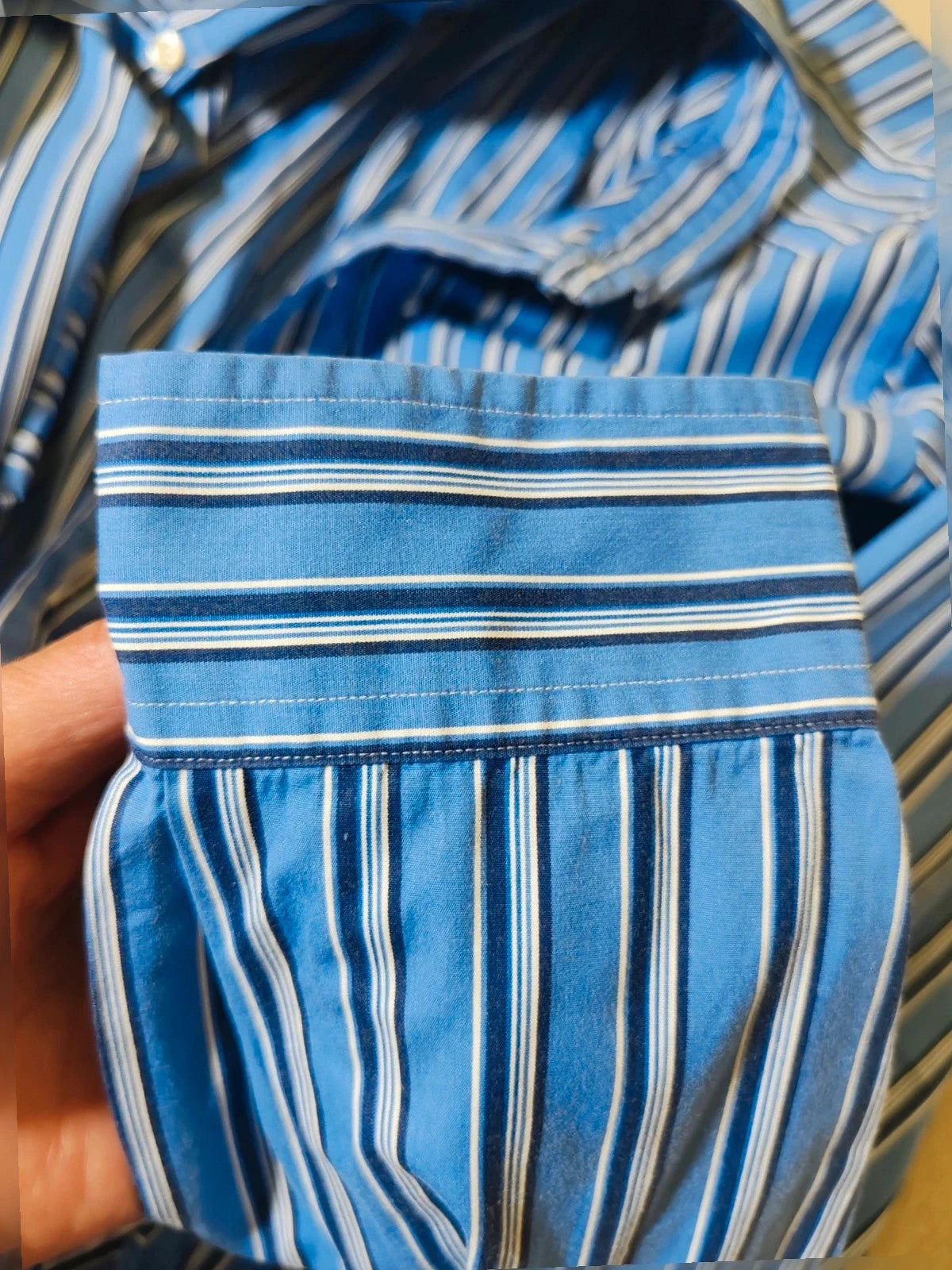 Ralph Lauren navy striped shirt with embroidered pony logo, custom fit, 100% cotton.