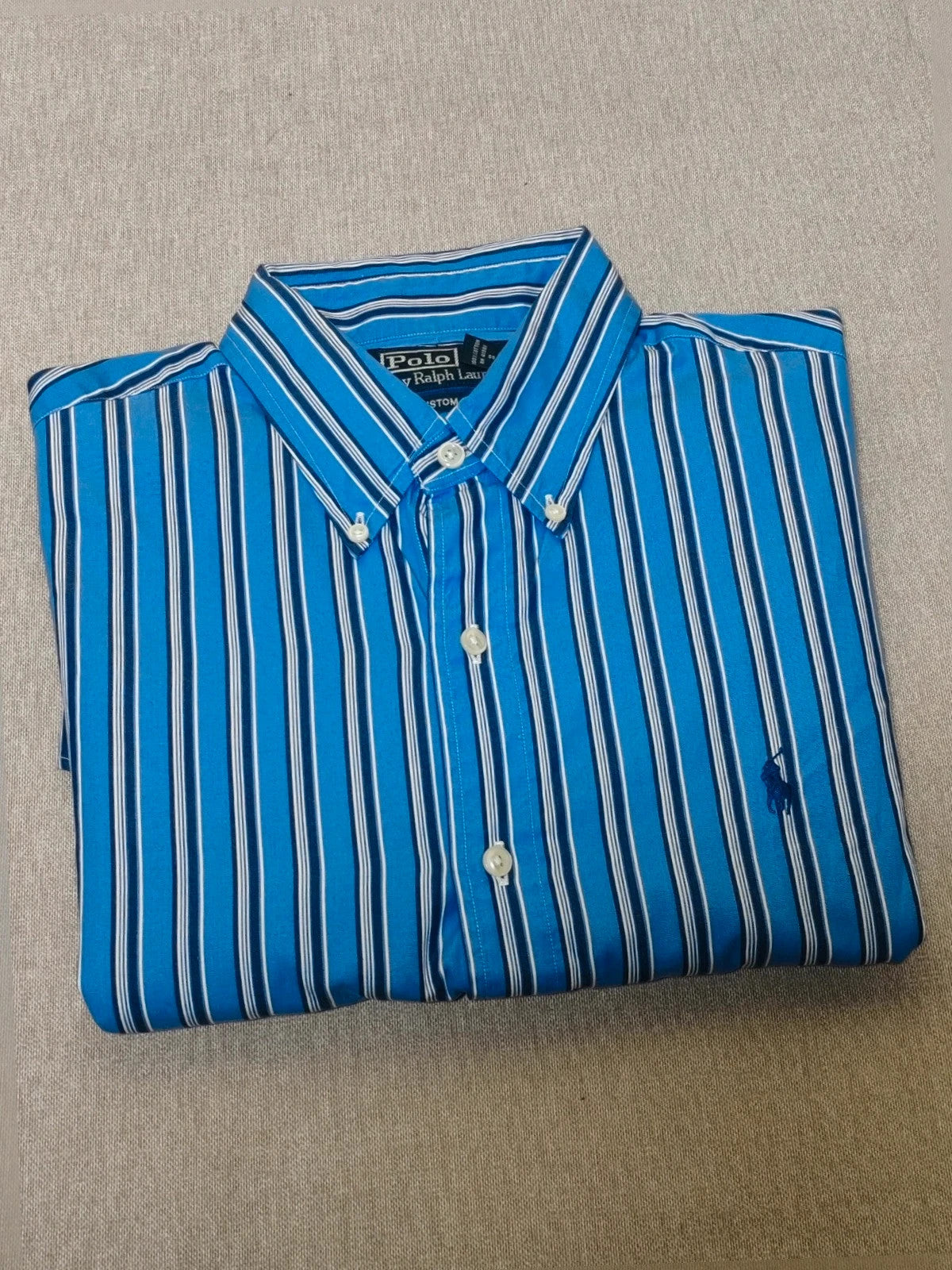 Ralph Lauren navy striped shirt with embroidered pony logo, custom fit, 100% cotton.