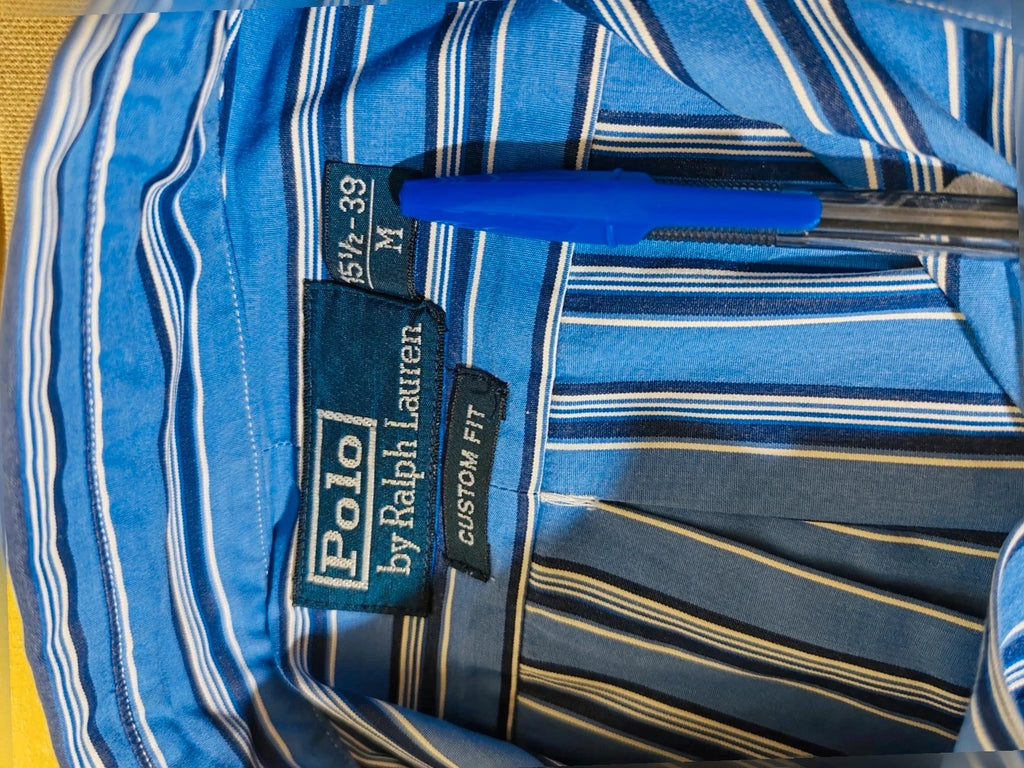 Ralph Lauren navy striped shirt with embroidered pony logo, custom fit, 100% cotton.