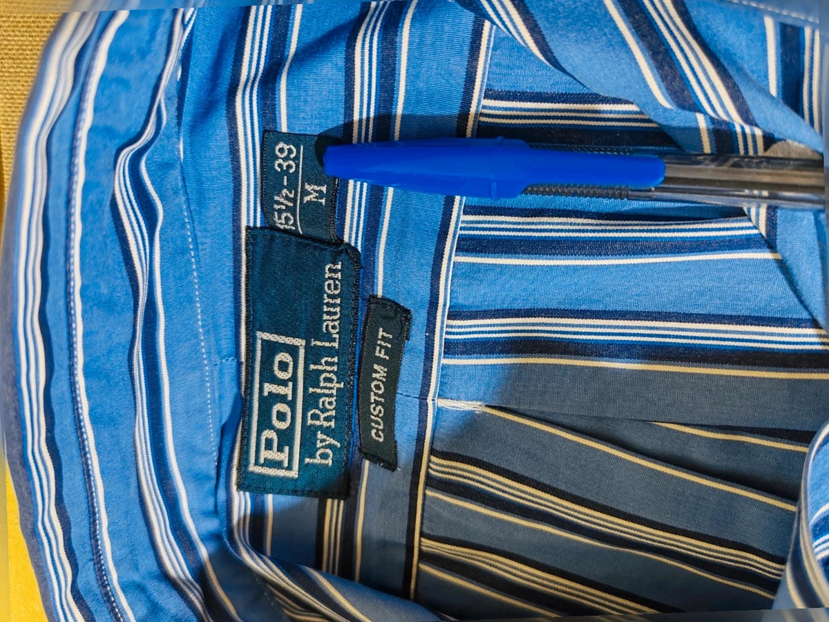 Ralph Lauren navy striped shirt with embroidered pony logo, custom fit, 100% cotton.