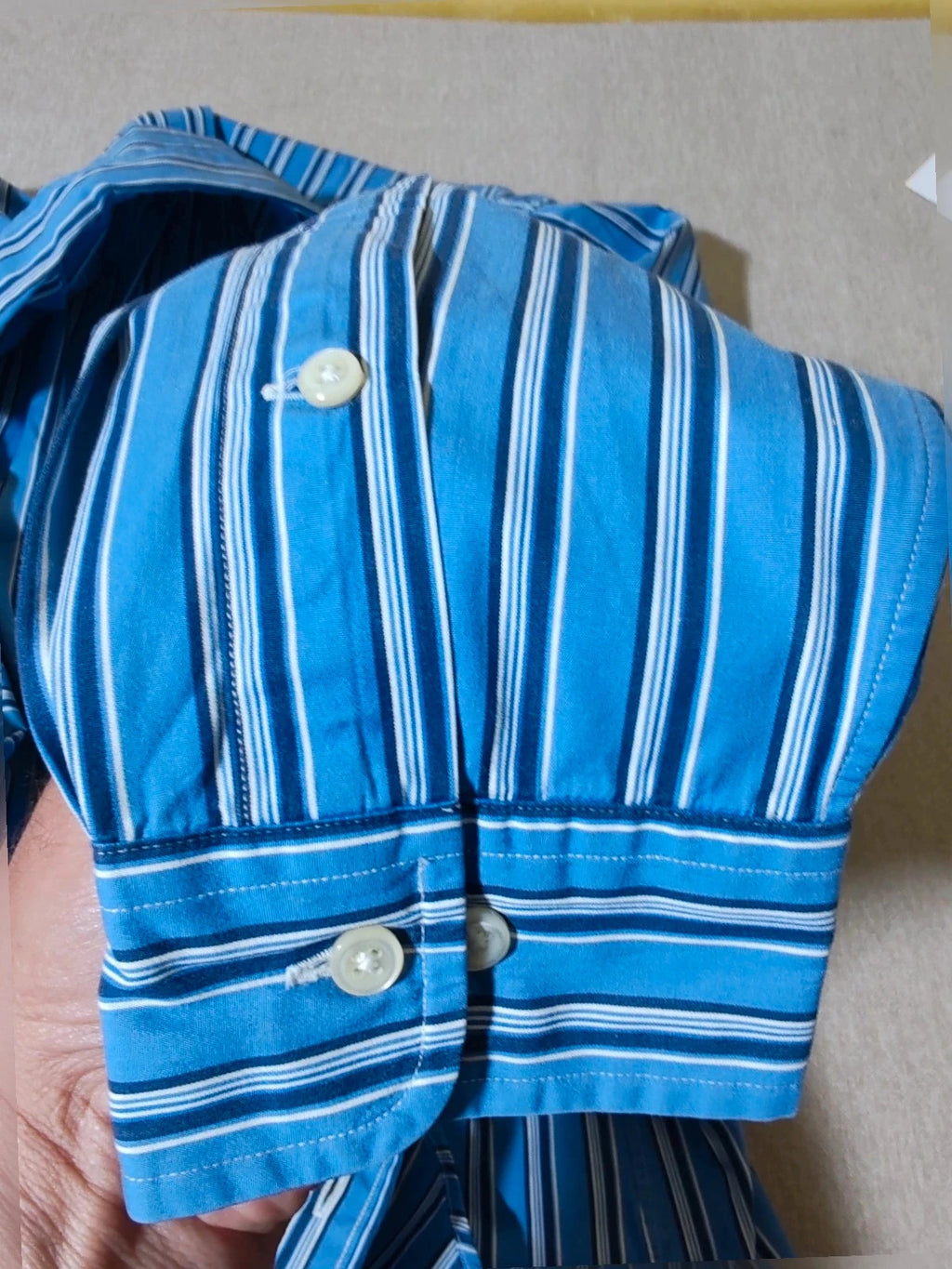 Ralph Lauren navy striped shirt with embroidered pony logo, custom fit, 100% cotton.