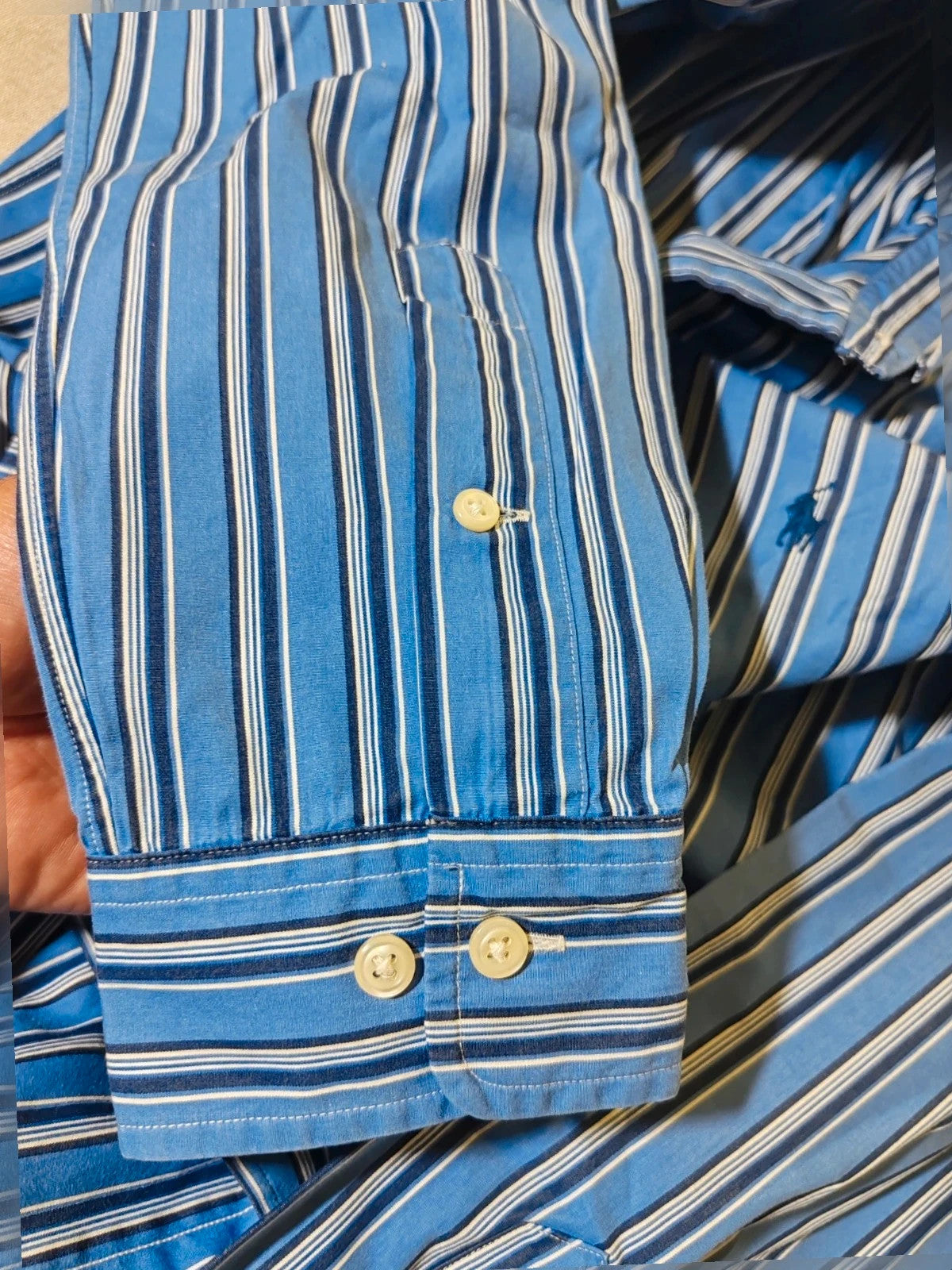Ralph Lauren navy striped shirt with embroidered pony logo, custom fit, 100% cotton.