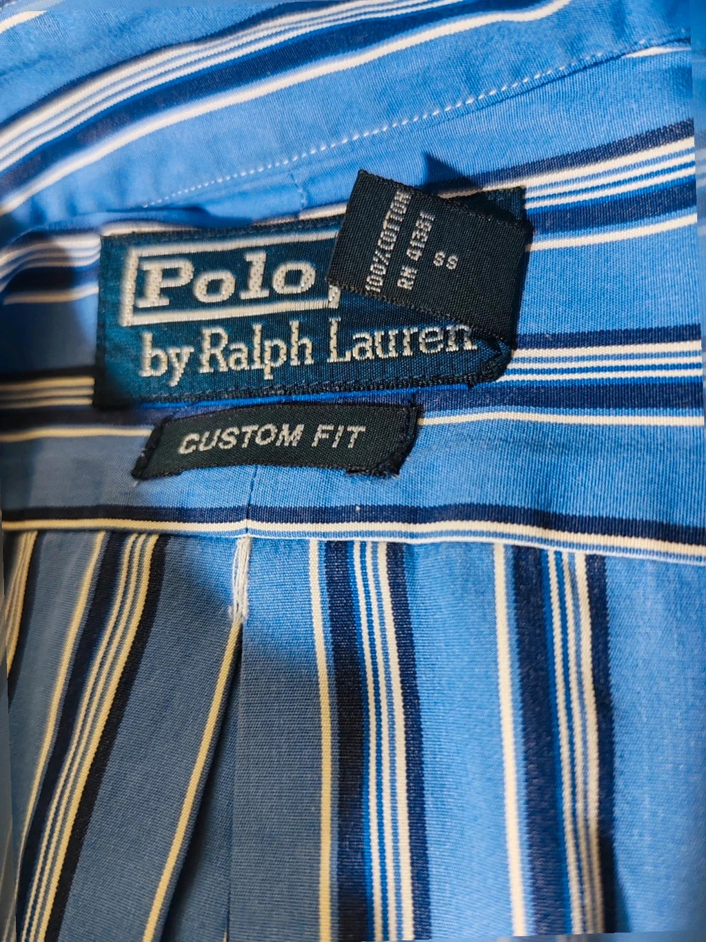 Ralph Lauren navy striped shirt with embroidered pony logo, custom fit, 100% cotton.