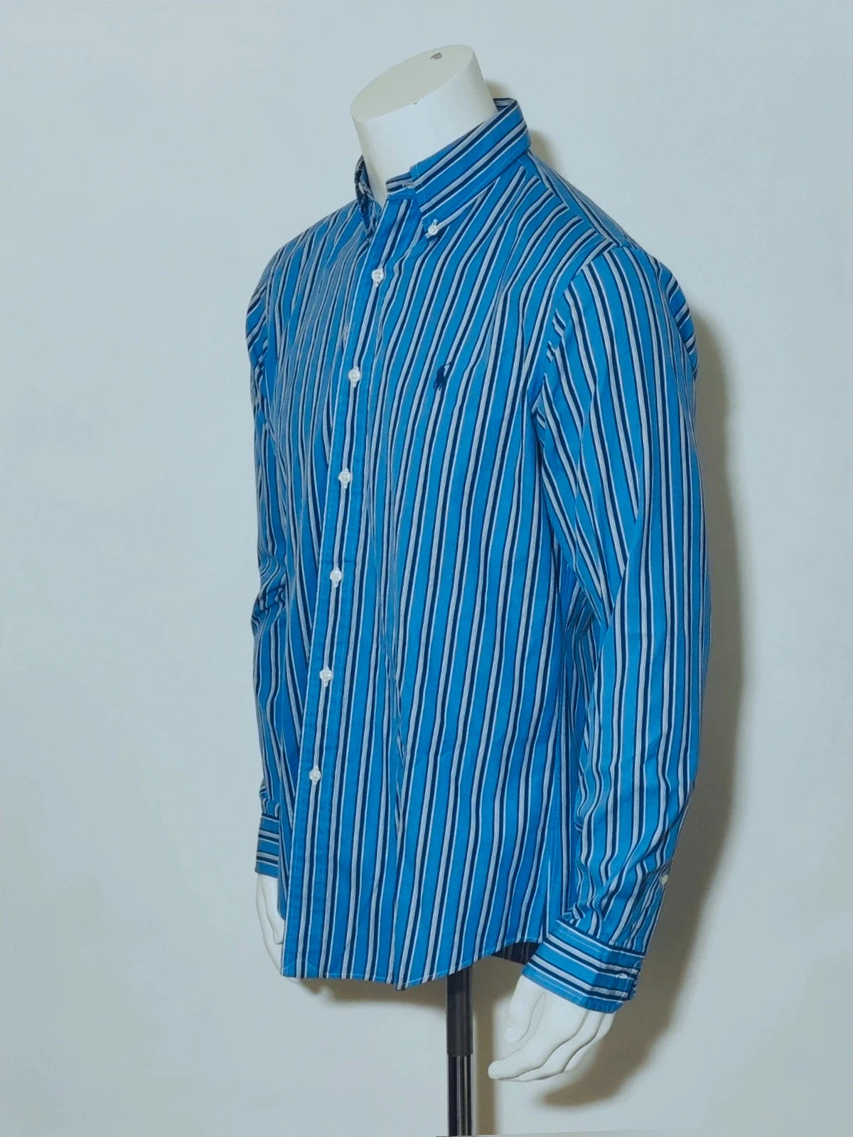 Ralph Lauren navy striped shirt with embroidered pony logo, custom fit, 100% cotton.