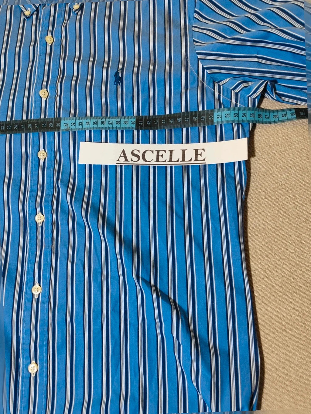 Ralph Lauren navy striped shirt with embroidered pony logo, custom fit, 100% cotton.