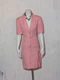 Anna Gasparri pink skirt suit with structured fabric and gold buttons, vintage 80s/90s style.