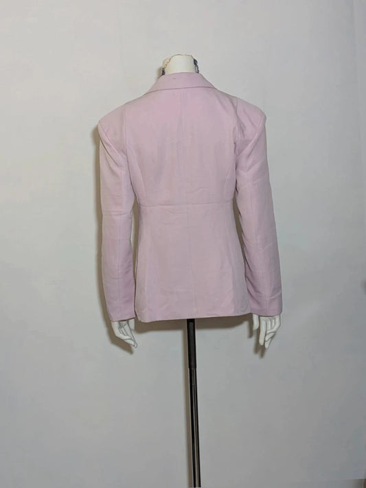 Cecilia Fashion pink double-breasted blazer with tonal covered buttons and classic lapels.