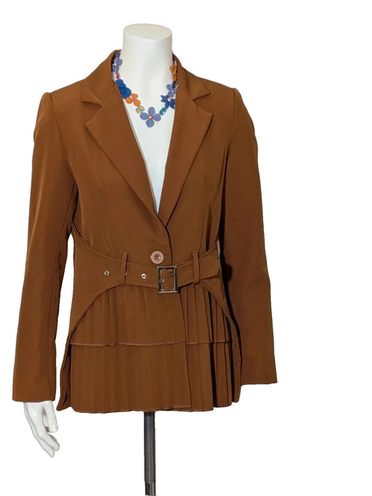 New Collection brown blazer with unique design and feminine belt detail.