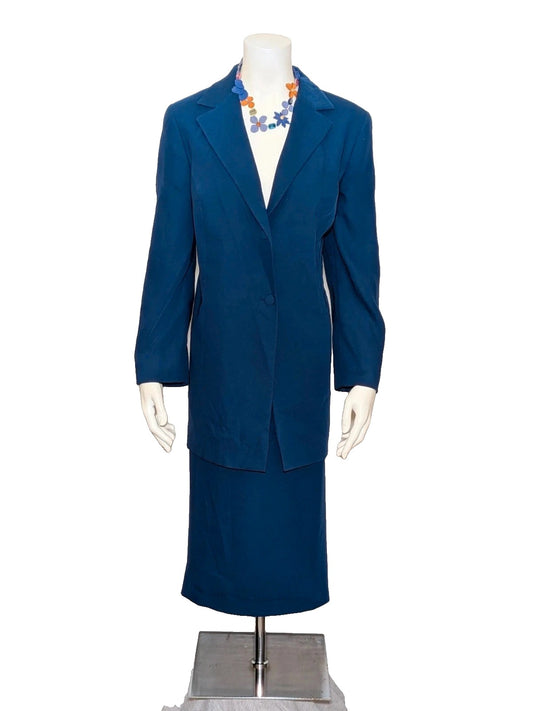 ANNA CASTELLARO navy skirt suit, structured blazer with classic lapels, pencil skirt, made in Italy.