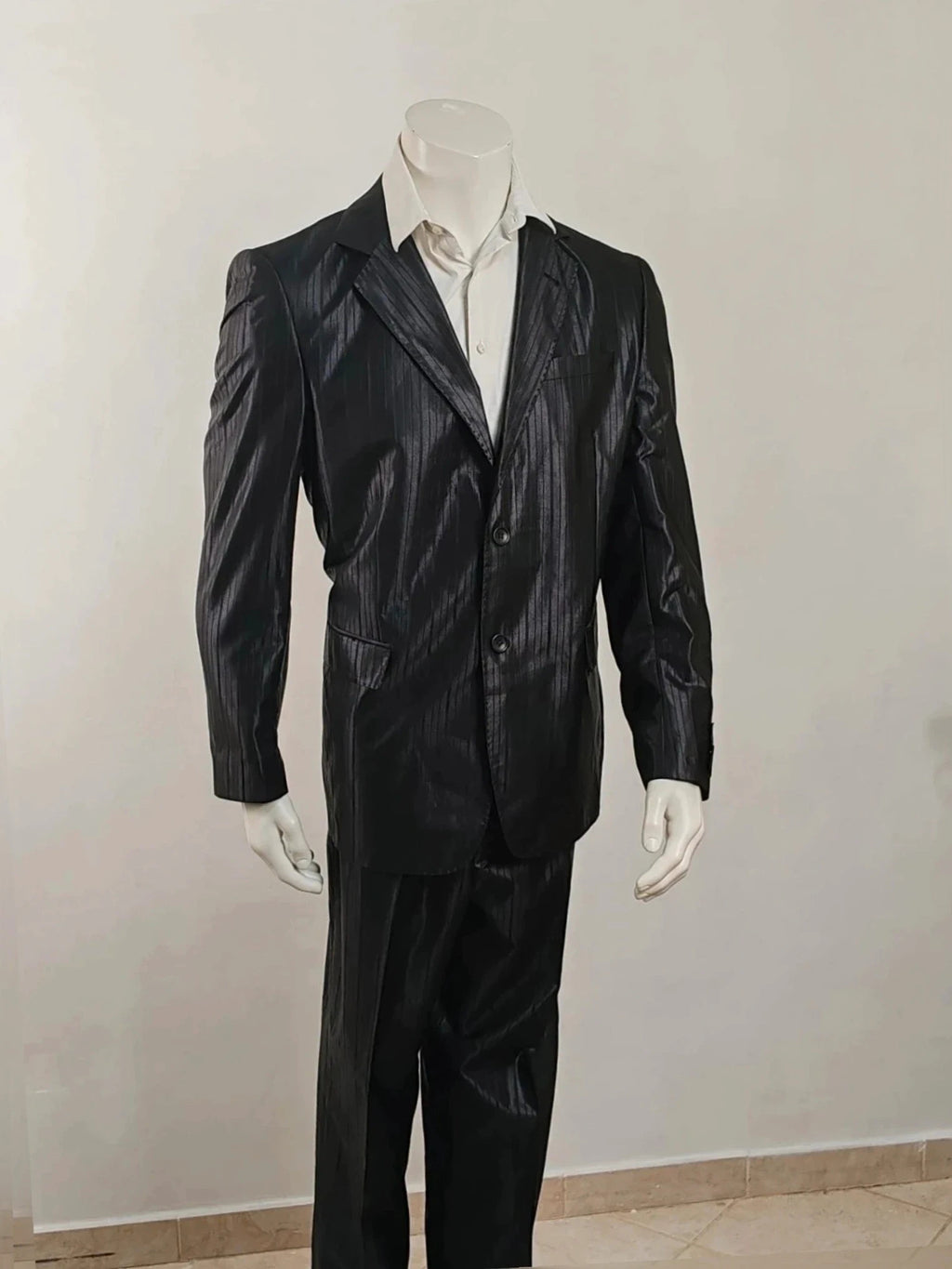 Bossano black suit jacket and trousers, pinstripe pattern, luxurious satin finish, new with tags.