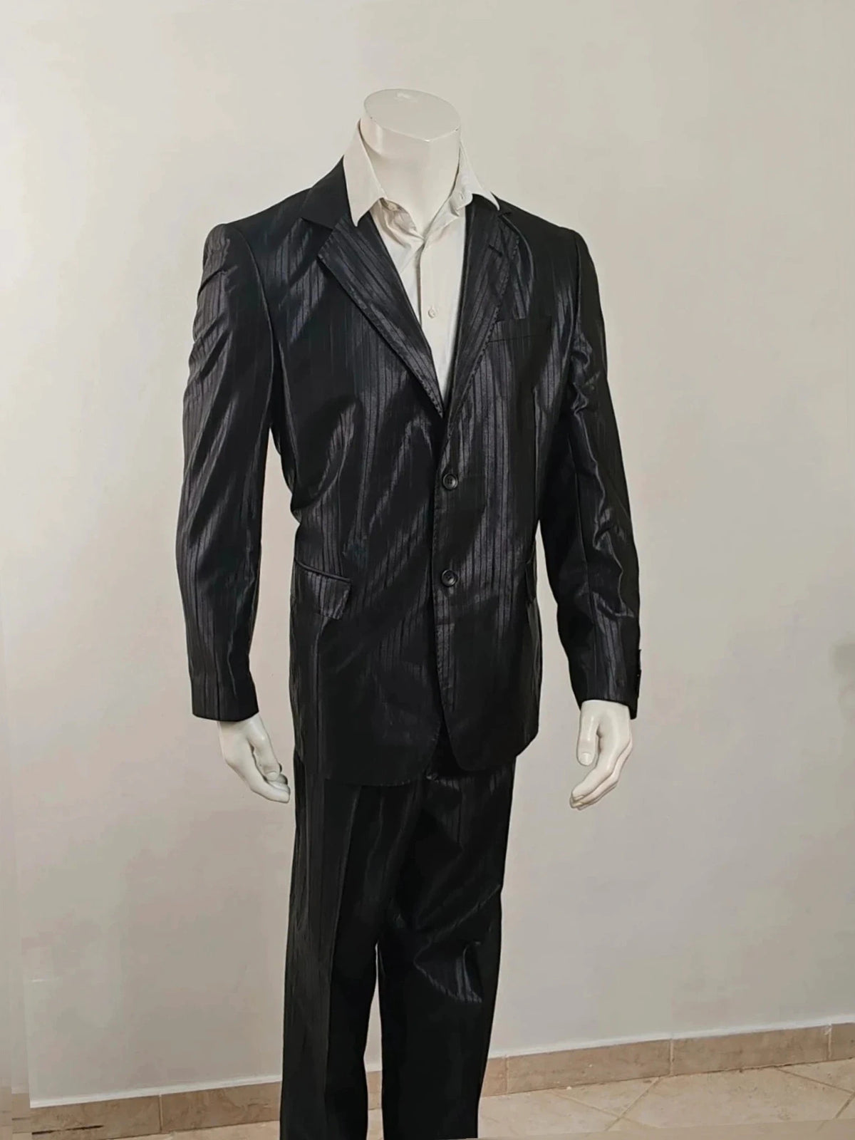 Bossano black suit jacket and trousers, pinstripe pattern, luxurious satin finish, new with tags.