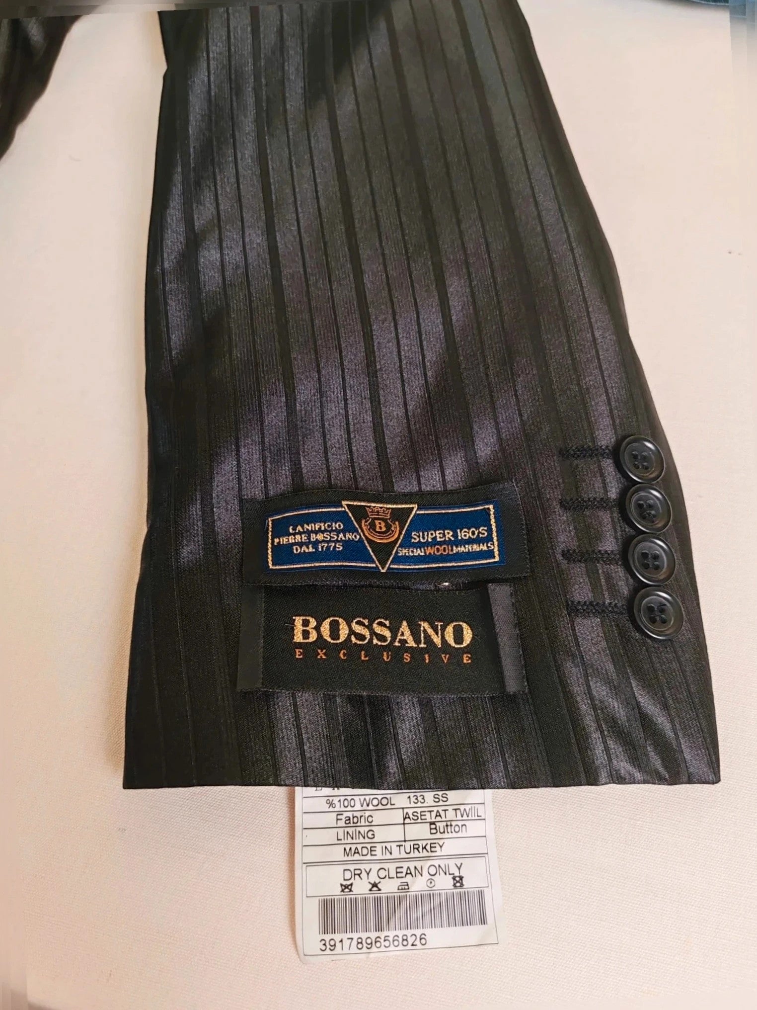 Bossano black suit jacket and trousers, pinstripe pattern, luxurious satin finish, new with tags.