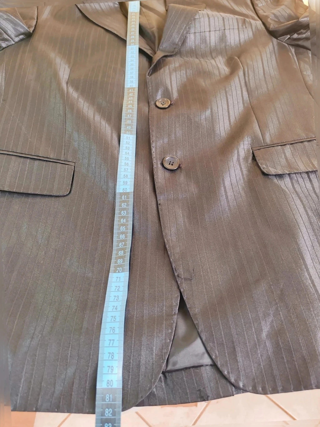 Bossano black suit jacket and trousers, pinstripe pattern, luxurious satin finish, new with tags.