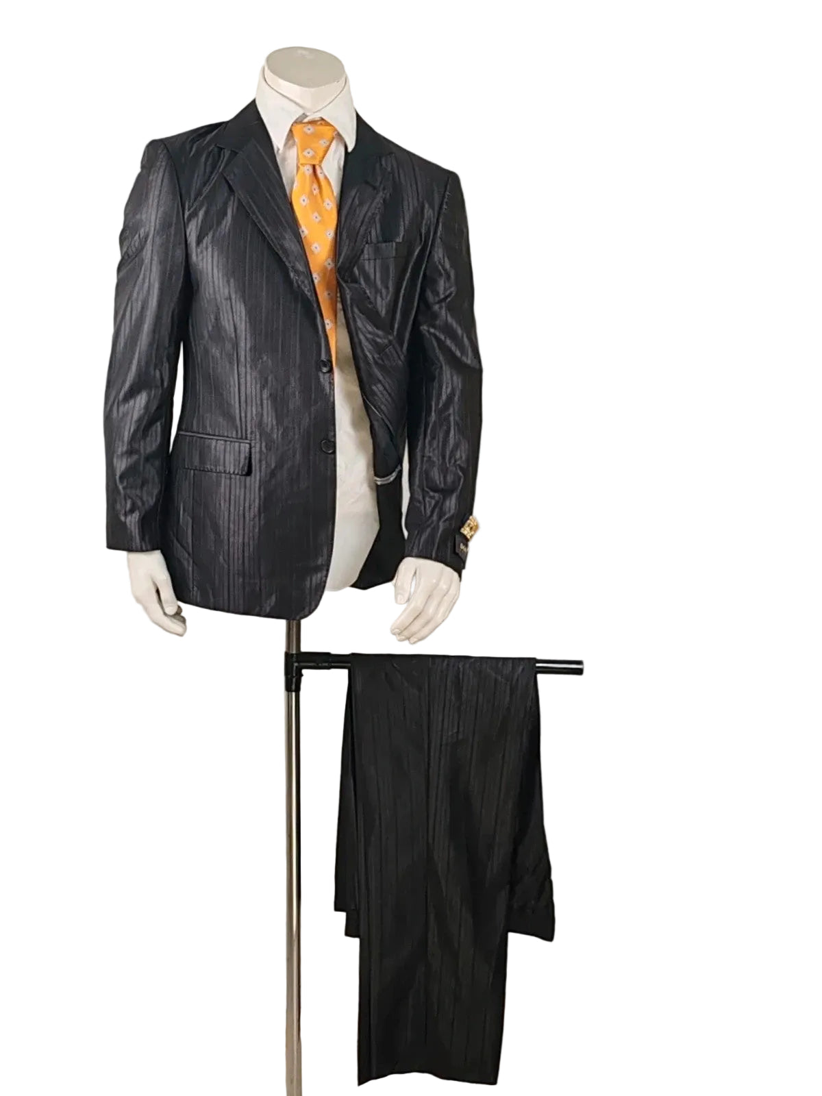 Abito uomo Bossano gessato nero in 100% lana, giacca e pantalone, nuovo con cartellino