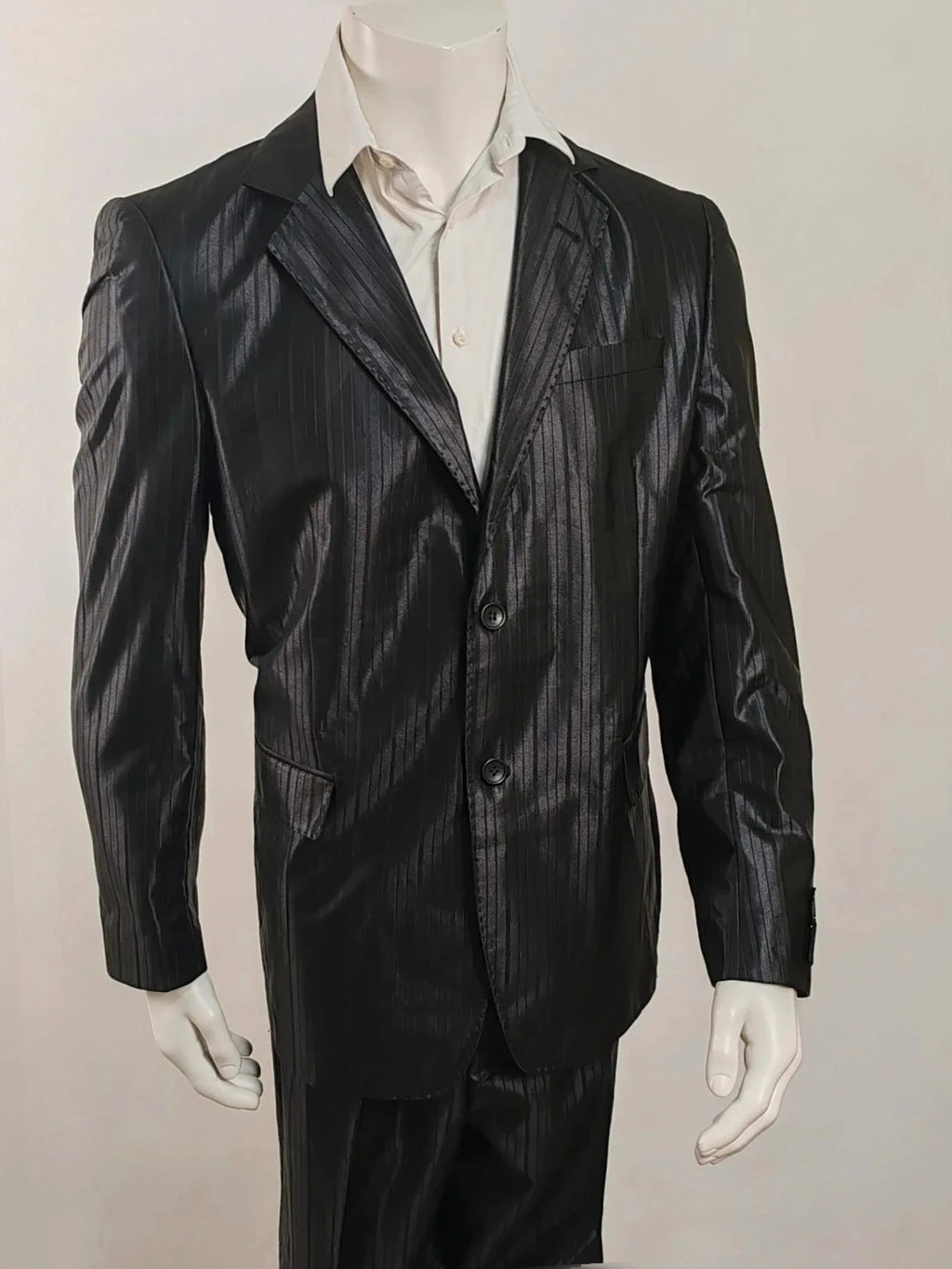 Bossano black suit jacket and trousers, pinstripe pattern, luxurious satin finish, new with tags.