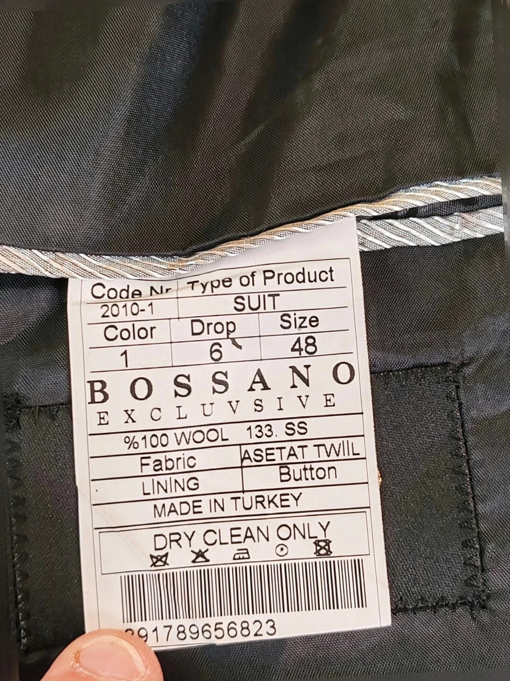 Bossano black suit jacket and trousers, pinstripe pattern, luxurious satin finish, new with tags.