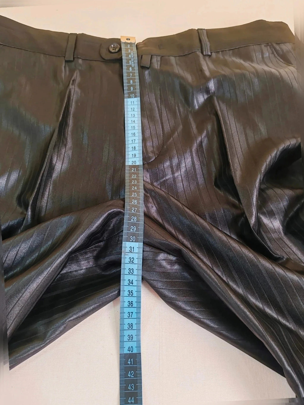 Bossano black suit jacket and trousers, pinstripe pattern, luxurious satin finish, new with tags.