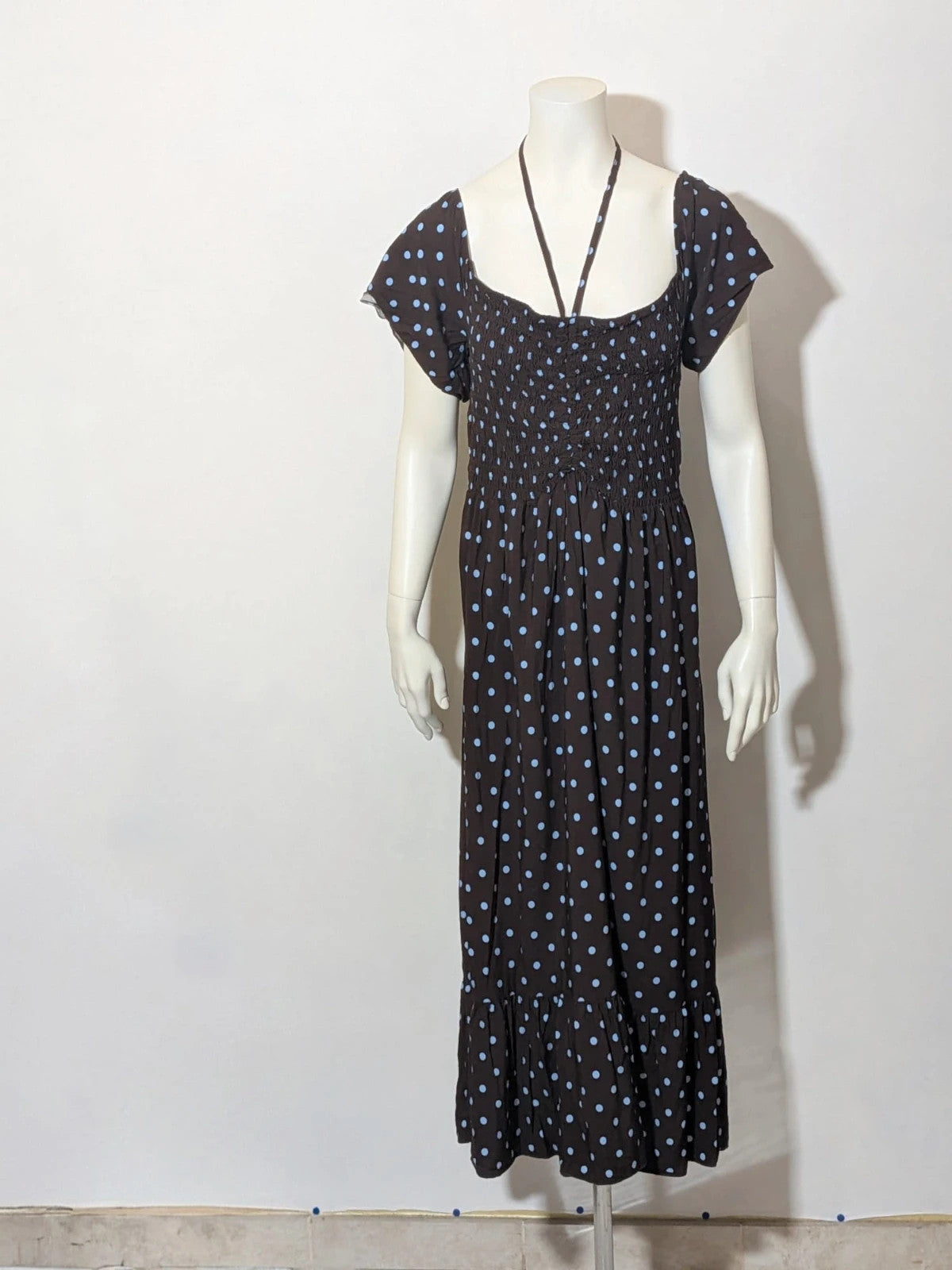 M-Made in Italy linen maxi dress blue and brown with polka dots and smocked bodice.