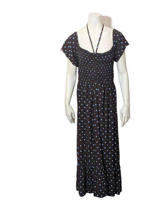 M-Made in Italy linen maxi dress blue and brown with polka dots and smocked bodice.