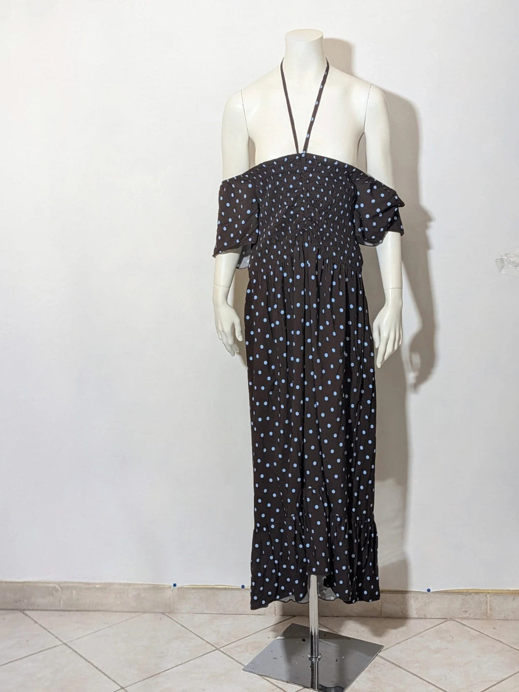M-Made in Italy linen maxi dress blue and brown with polka dots and smocked bodice.