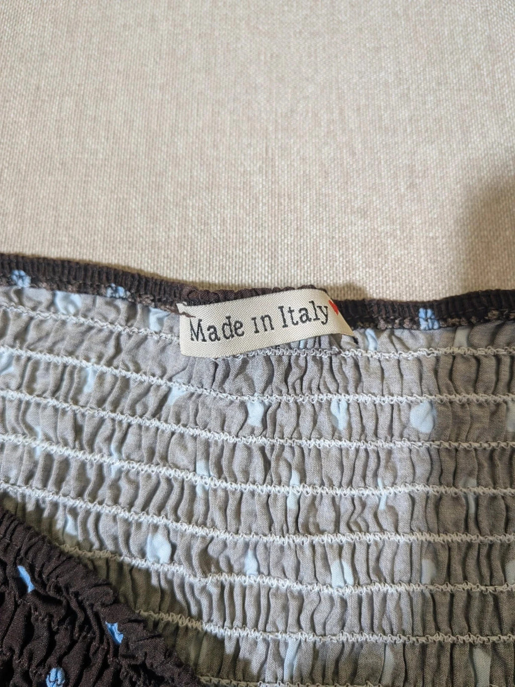 M-Made in Italy linen maxi dress blue and brown with polka dots and smocked bodice.