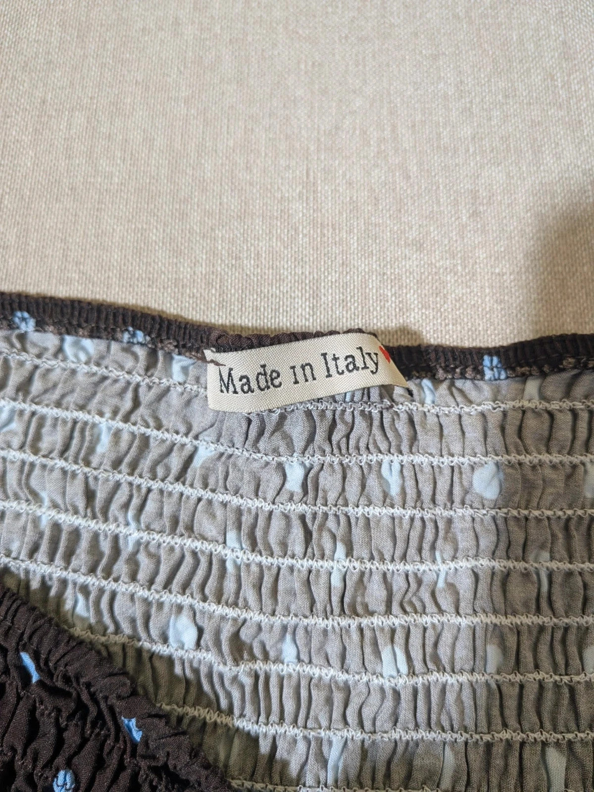 M-Made in Italy linen maxi dress blue and brown with polka dots and smocked bodice.