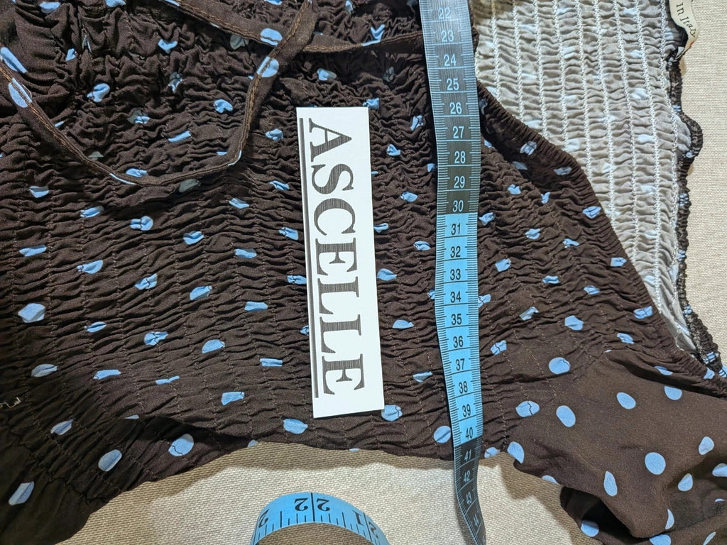 M-Made in Italy linen maxi dress blue and brown with polka dots and smocked bodice.