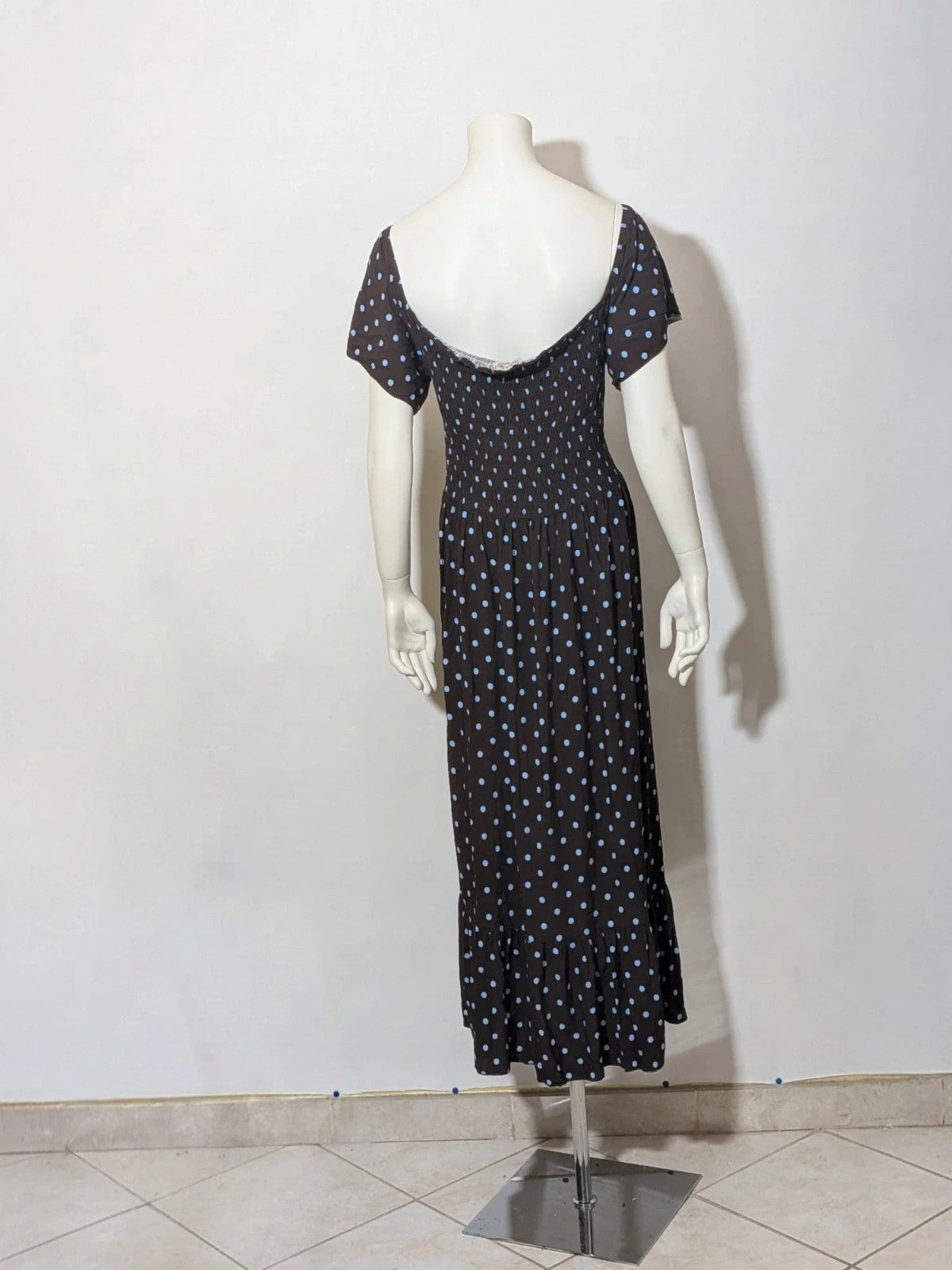M-Made in Italy linen maxi dress blue and brown with polka dots and smocked bodice.