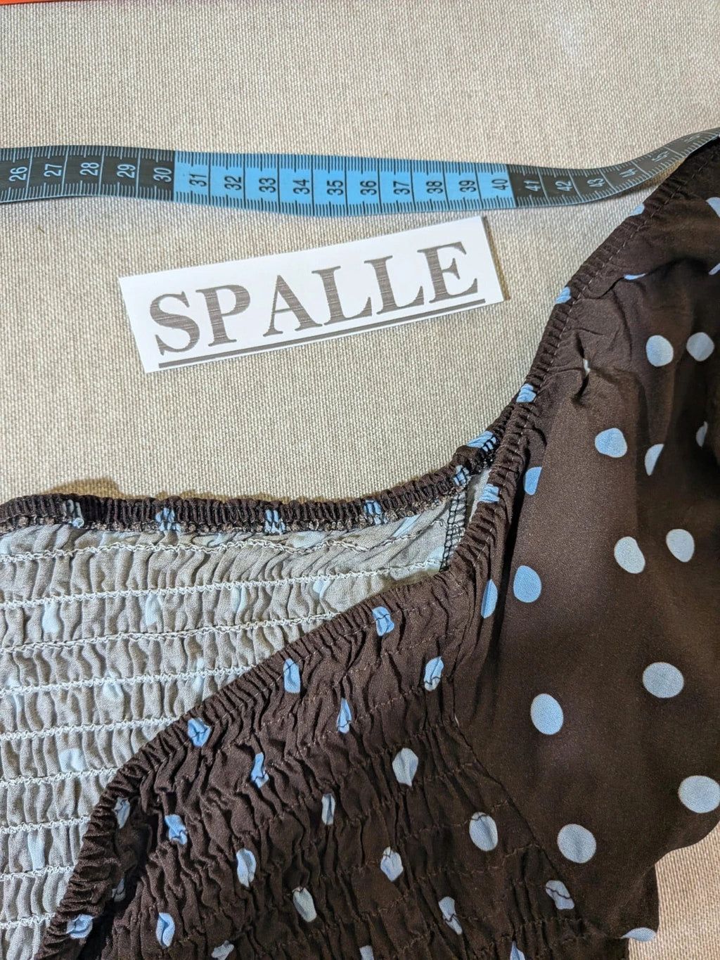 M-Made in Italy linen maxi dress blue and brown with polka dots and smocked bodice.