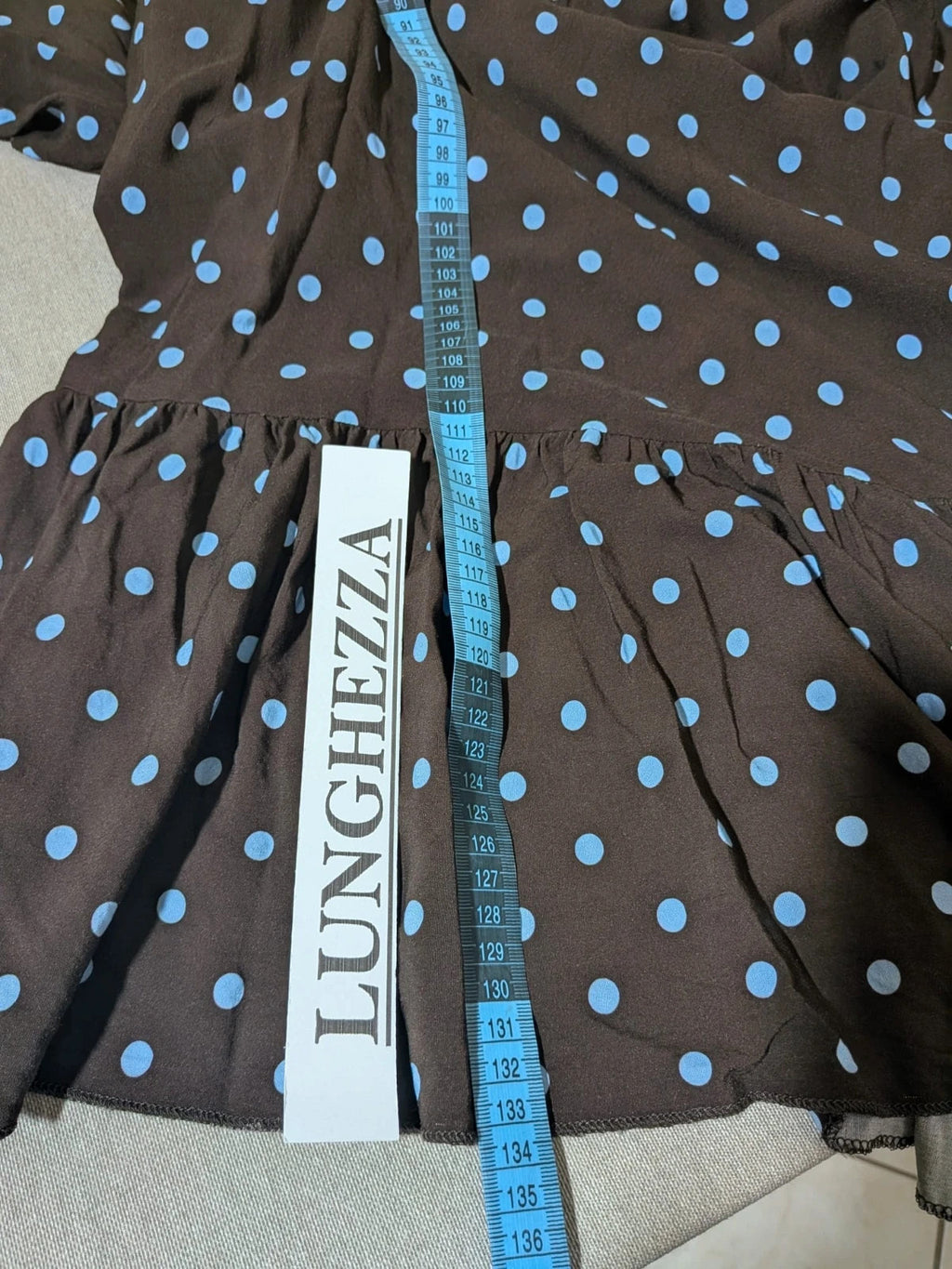M-Made in Italy linen maxi dress blue and brown with polka dots and smocked bodice.