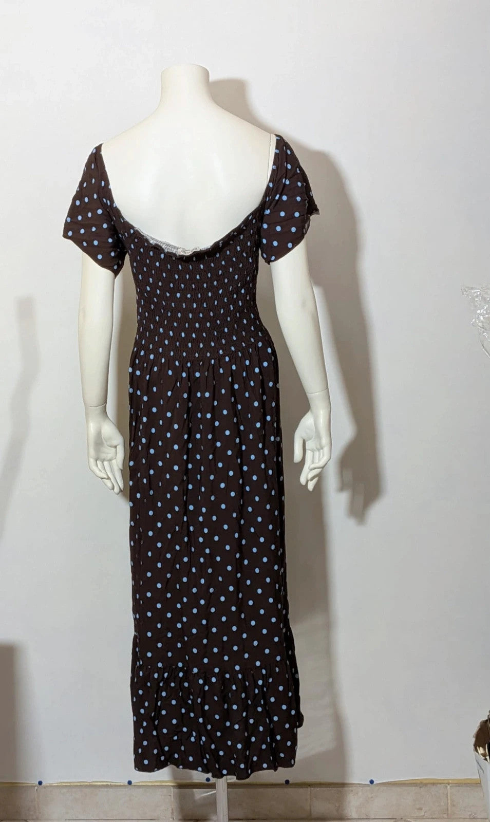 M-Made in Italy linen maxi dress blue and brown with polka dots and smocked bodice.