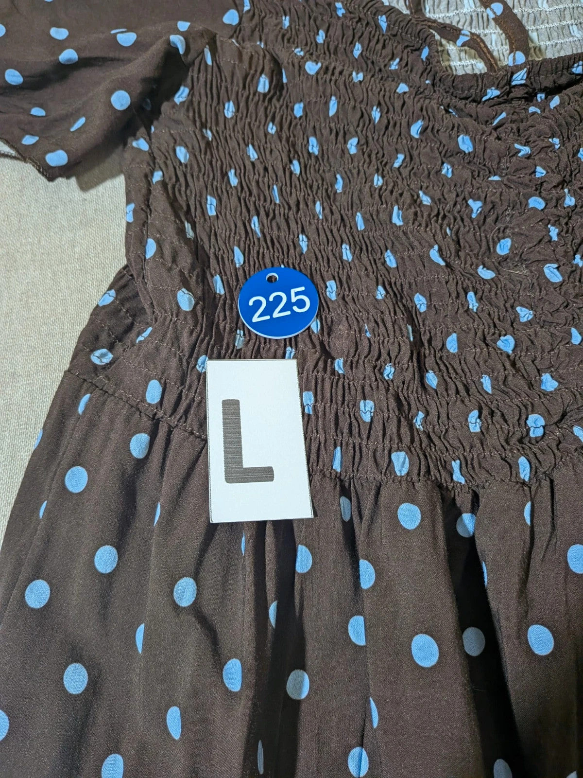 M-Made in Italy linen maxi dress blue and brown with polka dots and smocked bodice.