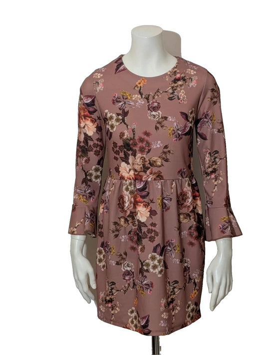 Lumina multi floral dress with 3/4 sleeves and ruffled cuffs, soft stretch fabric.