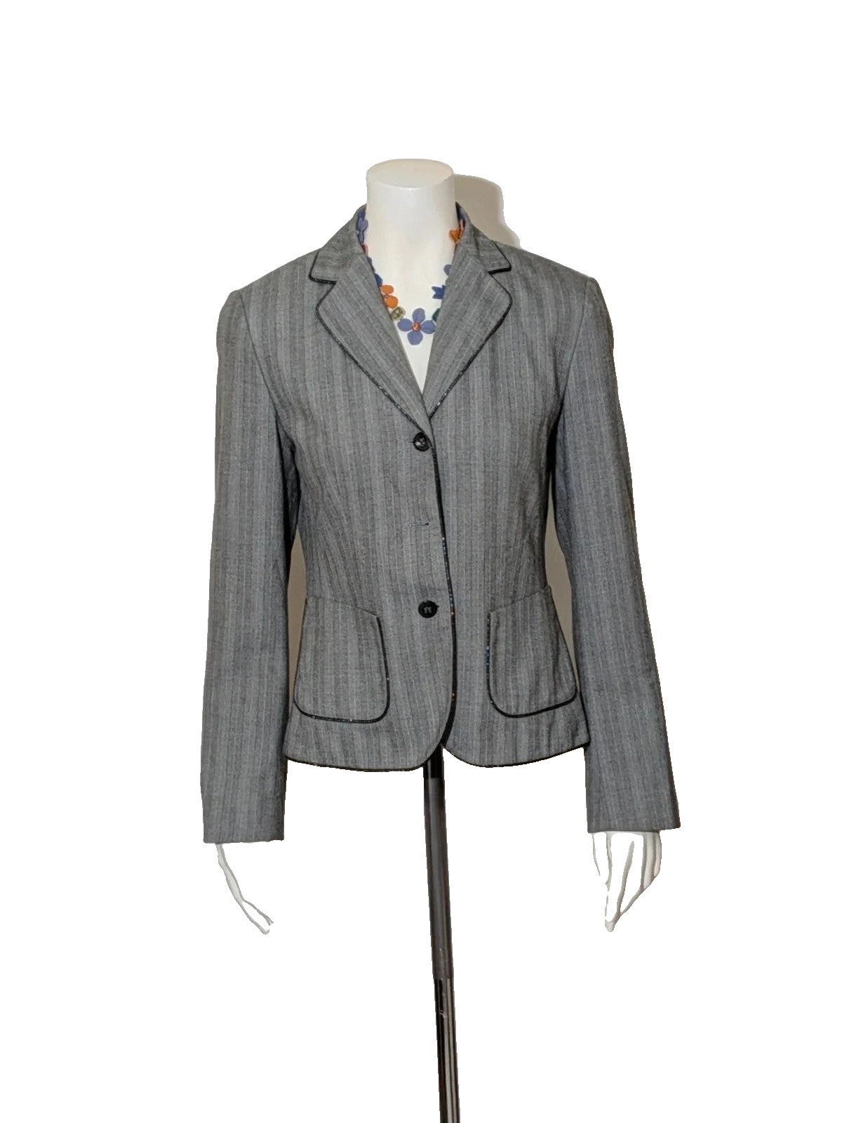 Taifun grey pinstriped blazer with satin black trim and logo lining.