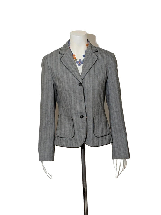 Taifun grey pinstriped blazer with satin black trim and logo lining.