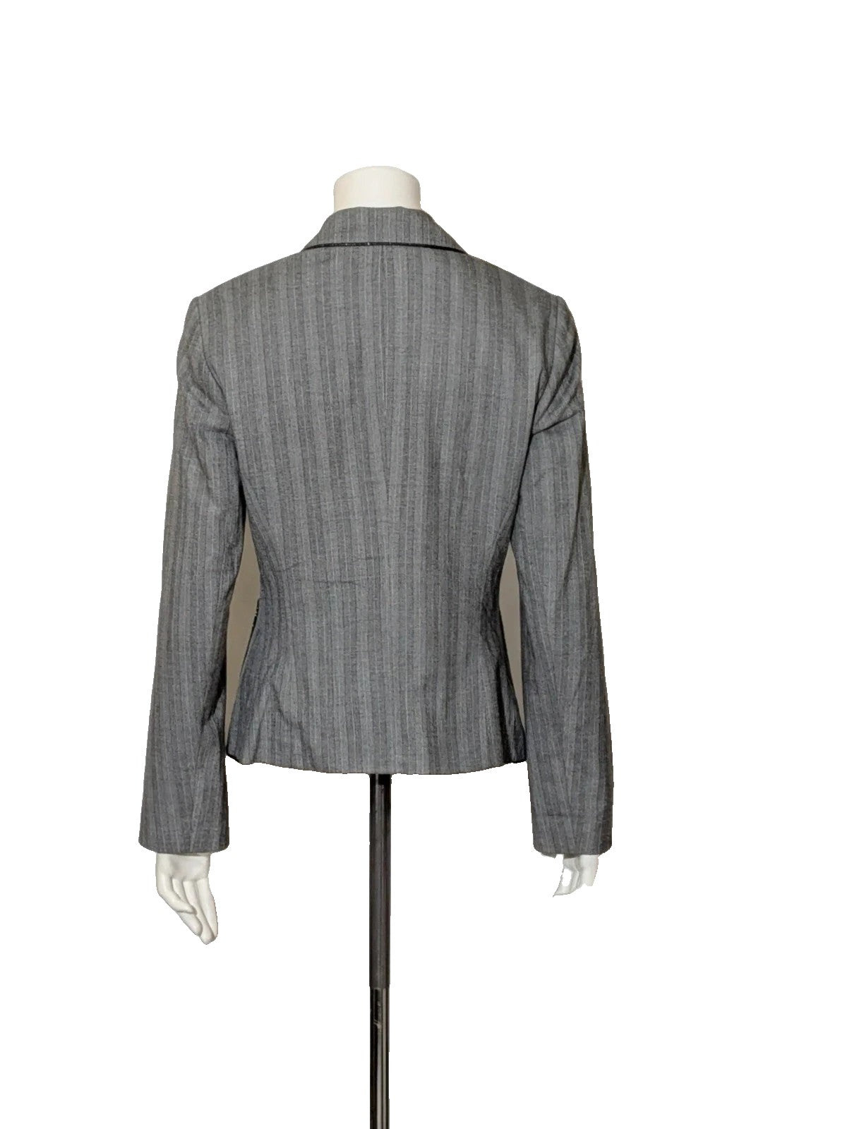 Taifun grey pinstriped blazer with satin black trim and logo lining.