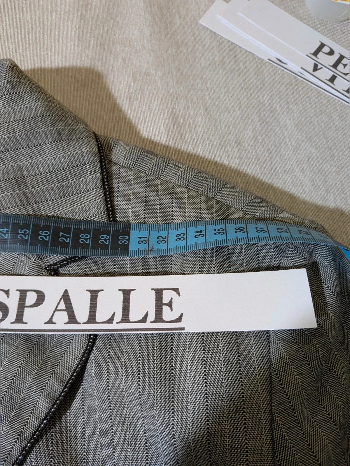 Taifun grey pinstriped blazer with satin black trim and logo lining.