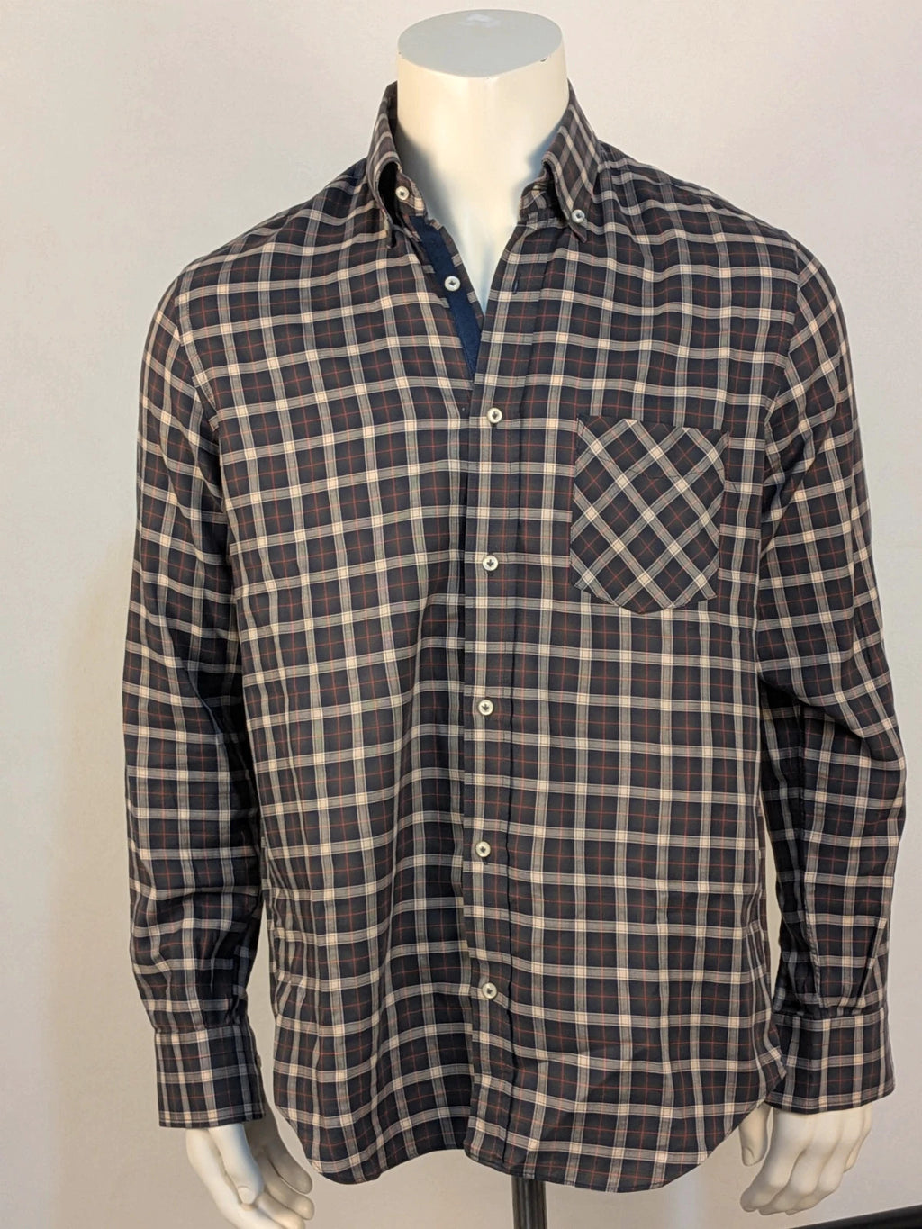 Gutteridge men's shirt multi tartan pattern with button-down collar and chest pocket.