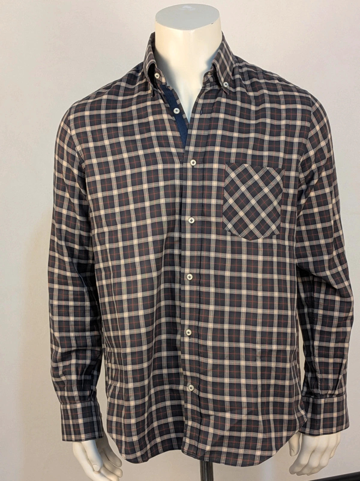 Gutteridge men's shirt multi tartan pattern with button-down collar and chest pocket.