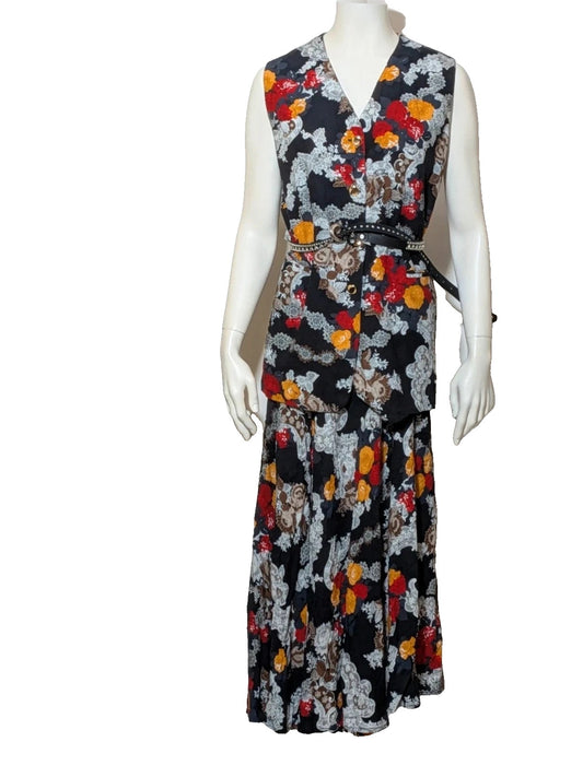 Made in Italy vintage skirt suit multi floral pattern, black background, gold buttons, 100% viscose.