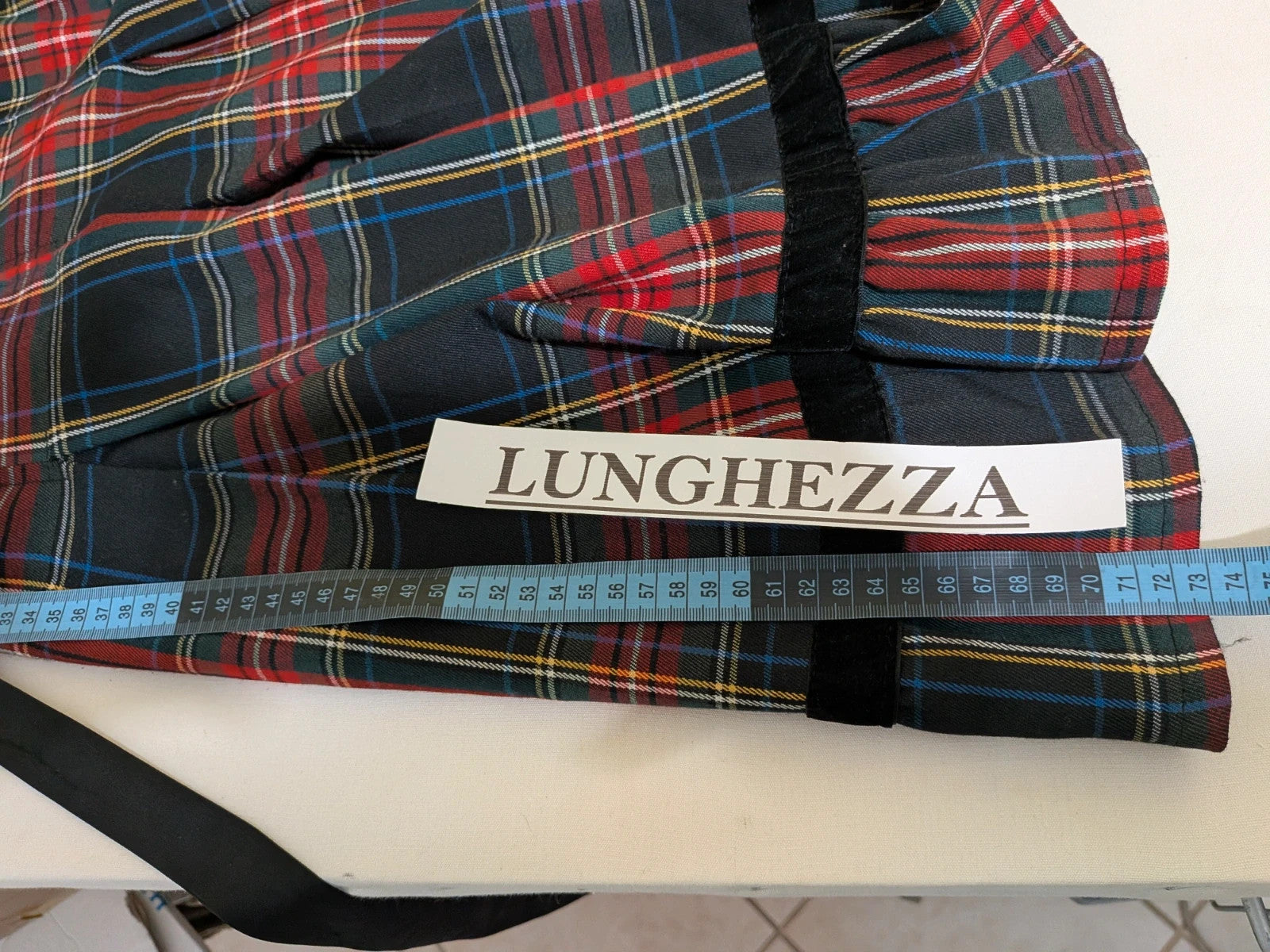 Made in Italy multi tartan skirt suit with black velvet details and structured bolero jacket.