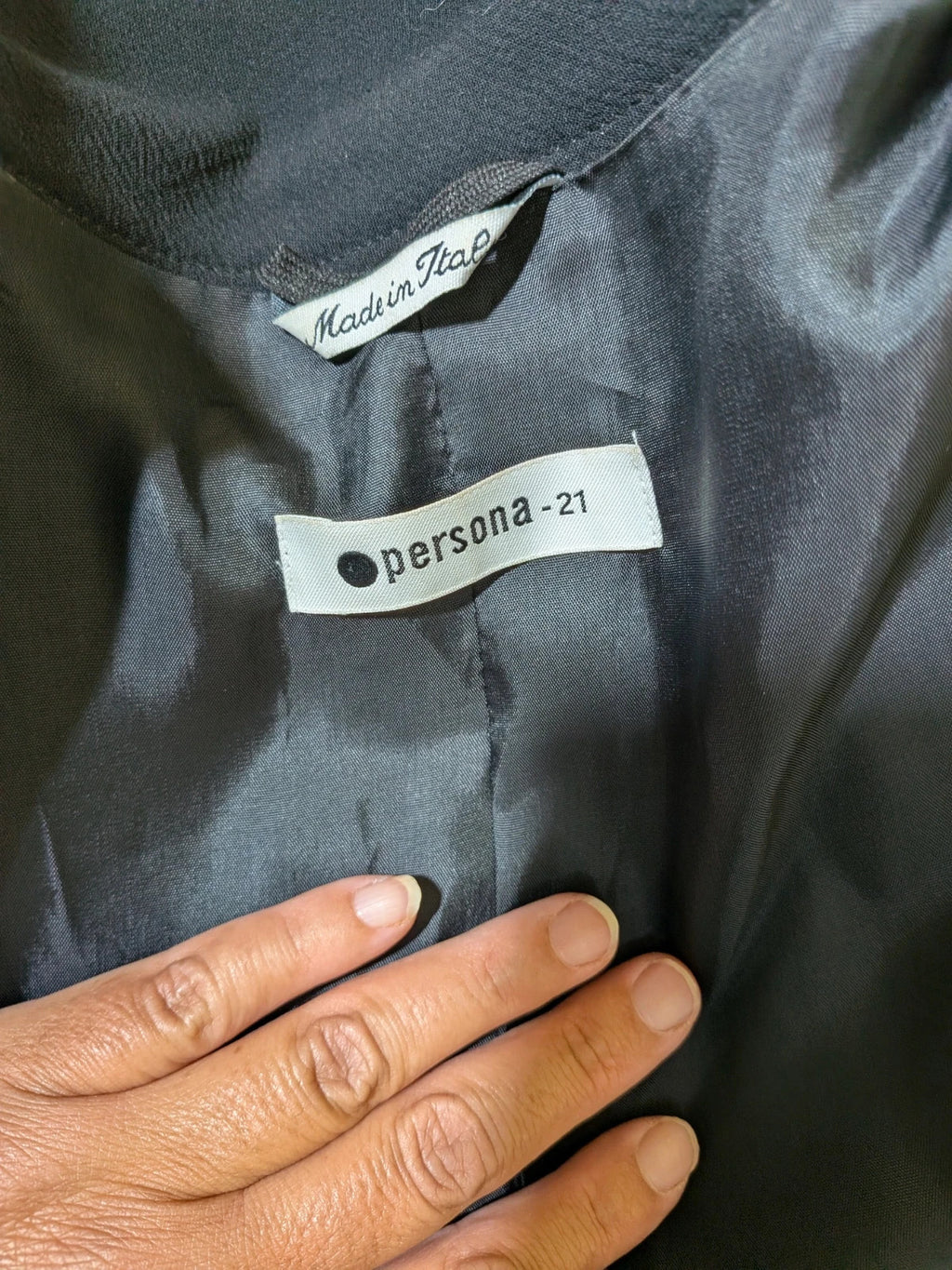 persona 21 black suit jacket and flared pants, 3-button closure, decorative pockets, polyester blend