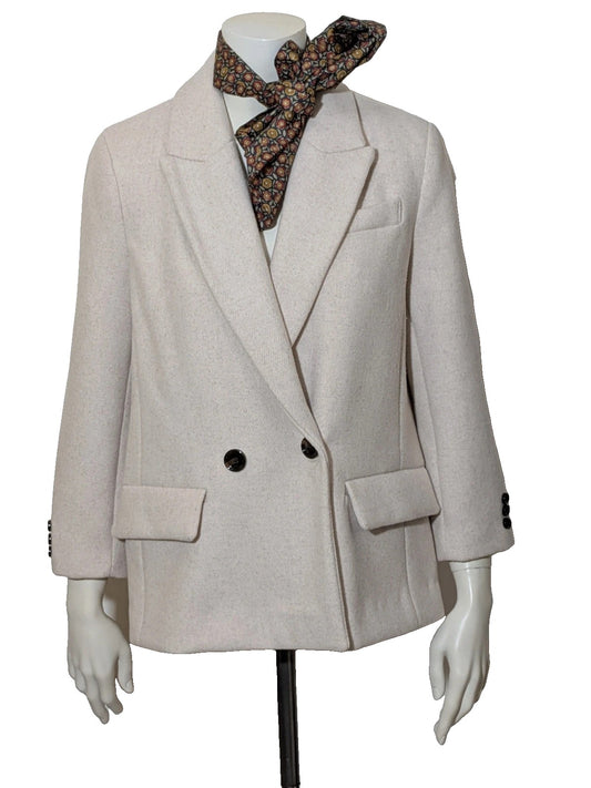 OVS beige double-breasted blazer with dark button closure and classic lapels.