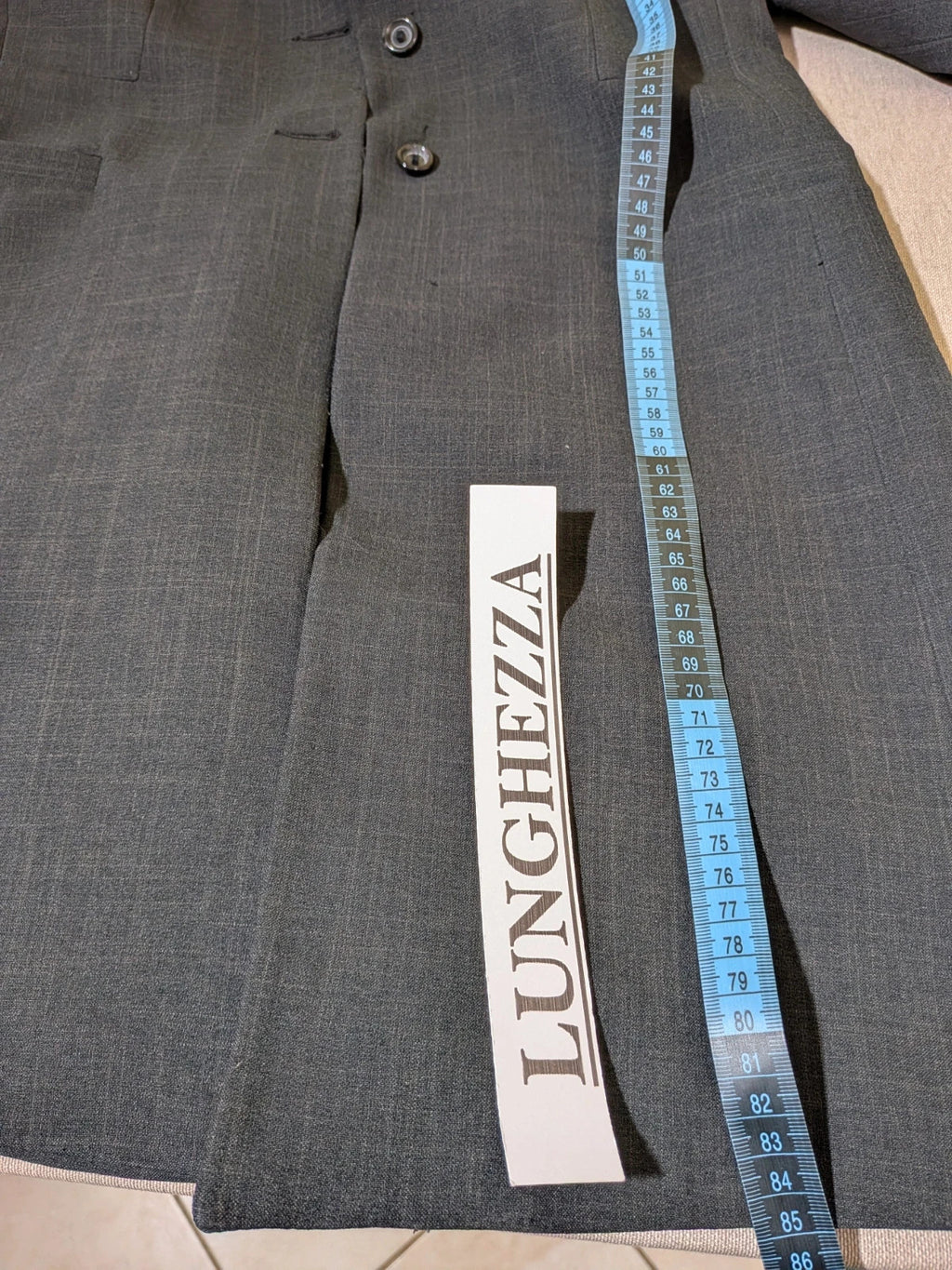 Pheder Studio grey vintage suit with long jacket and tailored pants, excellent condition.
