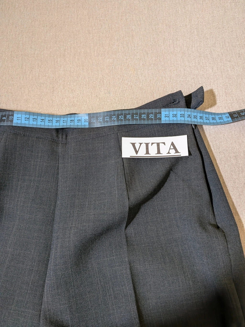 Pheder Studio grey vintage suit with long jacket and tailored pants, excellent condition.